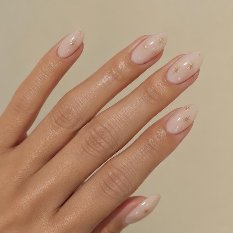Mleczny manicure ze złotymi gwiazdkami